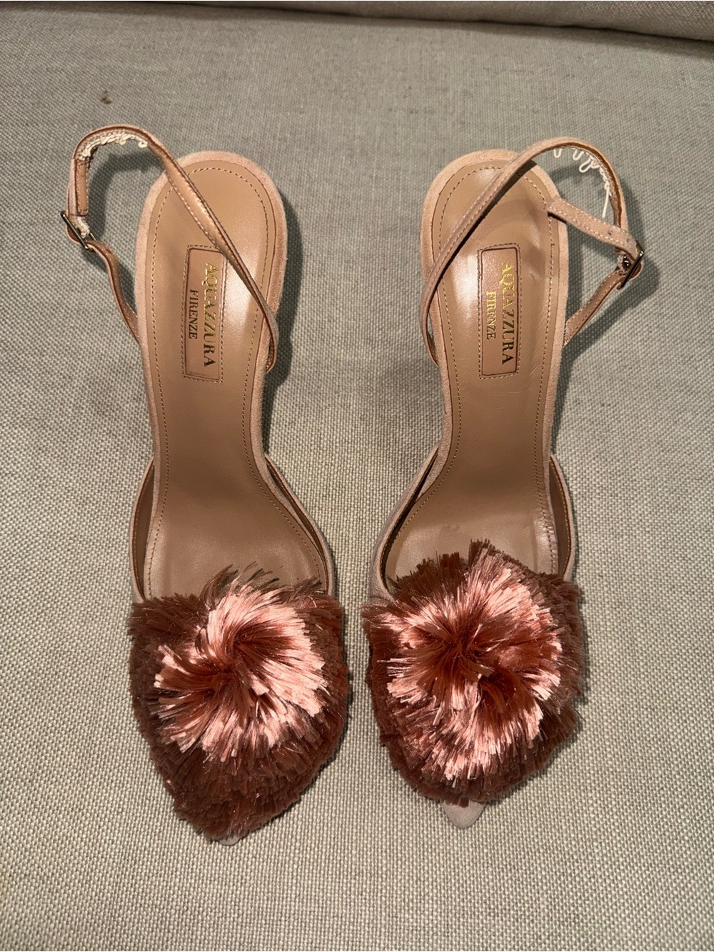 Aquazzura Brown Slingback Heels with Pink-Toned Pom-Poms